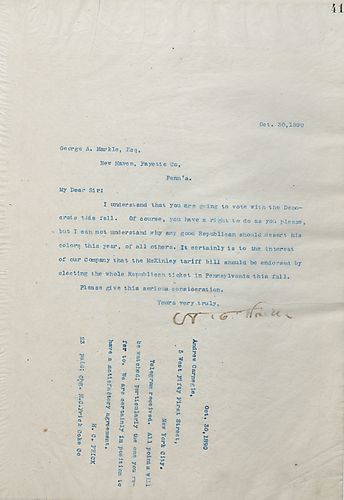 Frick wires Carnegie that he received Carnegie's telegram and that the points addressed will be watched