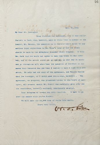 Frick writes on [Philander] Knox finishing the agreement and Park's satisfaction with it, but Park will still be sending it to his lawyer, Mr. Watson, for reviewal. Frick will be sending Carnegie a copy it