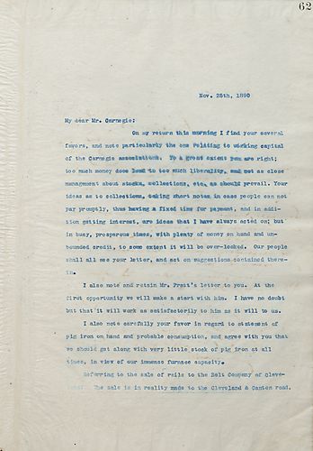 Frick write Carnegie to respond to his comment about payment and monetary investments as well as inform him on their dealings in Ohio and the funding of the Central Bank of Pittsburgh