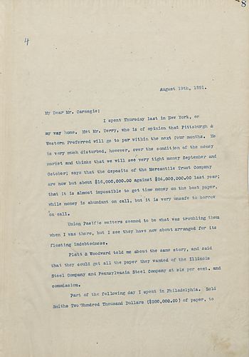 Frick writes Carnegie to discuss the price of Pennsylvania and Western preferred, noting their earnings for the year so far, and mentioning a new contract with the Pennsylvania Company