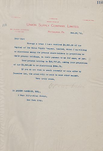 Frick writes Carnegie to inform him Frick will be selling Union Supply Company stock to the current shareholders, Carnegie is one, based on the proportion of the company the stock holders own in return for payment of the stock
