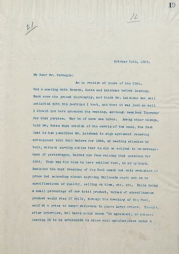 Frick writes Carnegie to inform him that Mr. Leishman was permitted to renew an arrangement with the rail makers for 1896