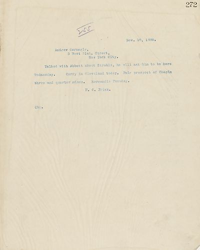 Frick wires Carnegie on his conversation with Abbott about Stroble and on Curry being in Cleveland, [O.H]