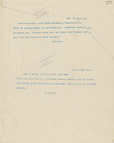 Frick wires Carnegie on sending Hurst to San Francisco with Vandevort accompanying him