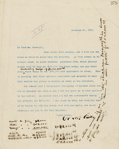 Frick writes to Carnegie on his conversation with [William] Park to purchase his company [Allegheny Steel] for $600,000