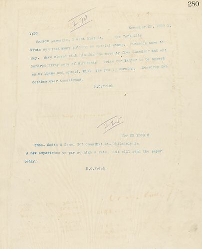 Frick wires Carnegie telling him that he is closing with Pickands for 175 and [Alfred] Chandler for 150 more of Minnesota [Iron Company]