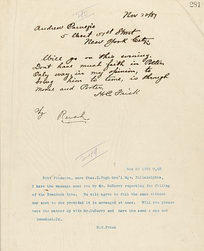 Frick writes Carnegie, telling him that he doesn't have much faith in [John] Potter