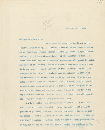 Frick writes on his meeting with the Board of Managers to discuss the Eland matter and also on a conversation with [William] Park