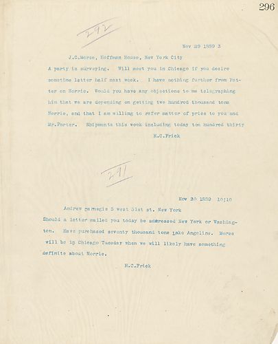 Frick asks if a letter should be mailed to either New York or Washington