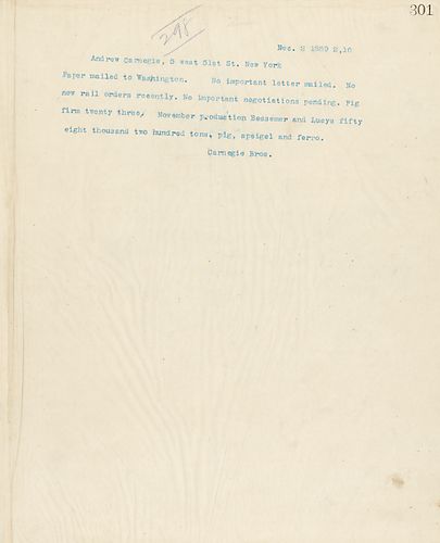 Frick tells Carnegie that a paper was mailed to Washington [D.C.], that there are no recent rail orders, and mentions November production rates for the Bessemer and Lucy's