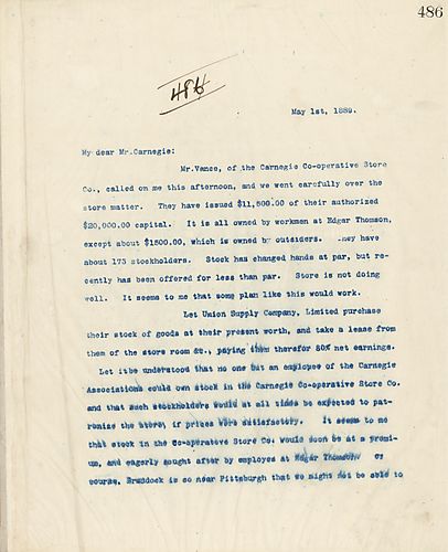 Frick writes about his conversation with Mr. Vance of the Carnegie Co-operative Store Co. and how the store is doing poorly, and suggests some ideas to Carnegie on it