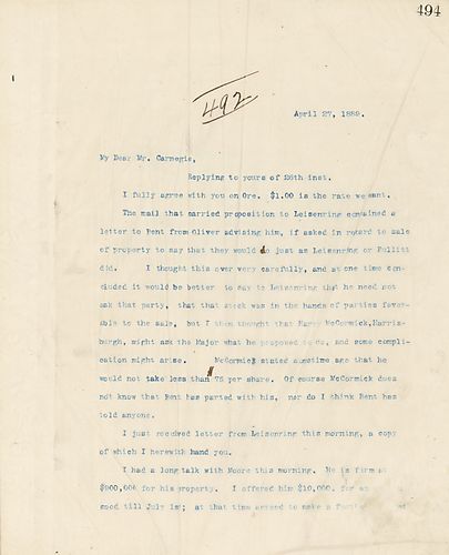 Frick writes on wanting to set ore rates at $1.00 and on Mr. Moore selling his property