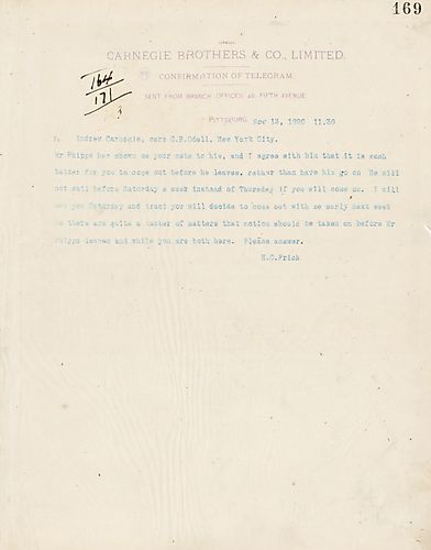 Frick writes that he agrees with Mr. Phipps that it would be better for Carnegie to visit before Phipps leaves