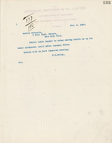 Frick wires Carnegie telling him to cable Lauder to delay making drafts for tools purchased until after January 1st