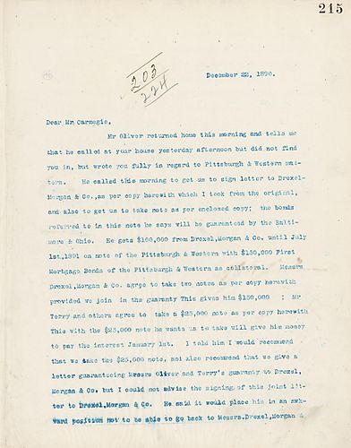 Frick writes to Carnegie about his conversation with Mr. [Henry] Oliver regarding Pittsburgh & Western matters