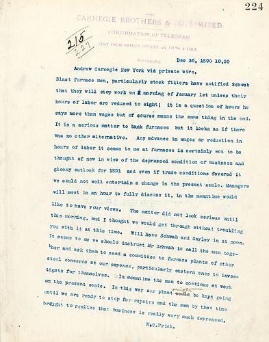 Frick wires Carnegie on blast furnace men having notified [Charles] Schwab that they will strike unless their hours are reduced. Frick includes a suggested course of action