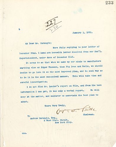 Frick includes a letter date on December 31 from their General Superintendent, and writes that he didn't find Mr. Lauder's report on file, and comments on manufacturing plans at Edgar Thomson