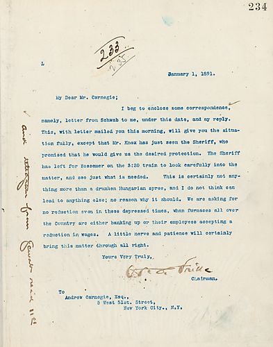 Frick includes correspondence between him and [Charles] Schwab and writes that the Sheriff has promised them protection