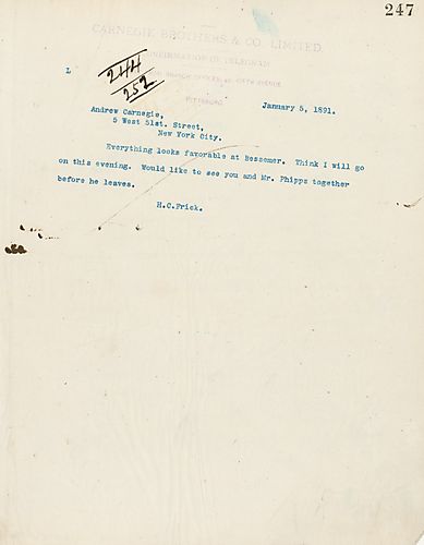 Frick wires Carnegie telling him that things look favorable at Bessemer