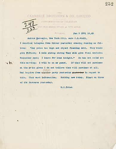 Frick includes telegram from [Henry] Oliver on a price quote