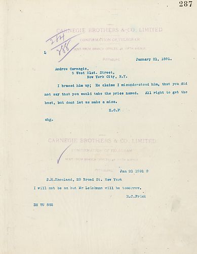 Frick writes to Carnegie on miscommunication about a price quote