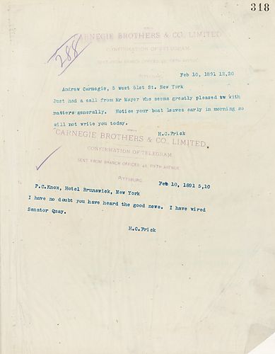 Frick wires Carnegie about Mr. Mayer, who seems pleased with matters