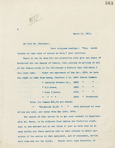 Frick responds to Carnegie's telegram on Pittsburgh & Western stock