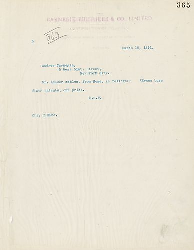 Frick wires Carnegie a telegram message from Mr. Lauder on Evans buying mixer patents for their price