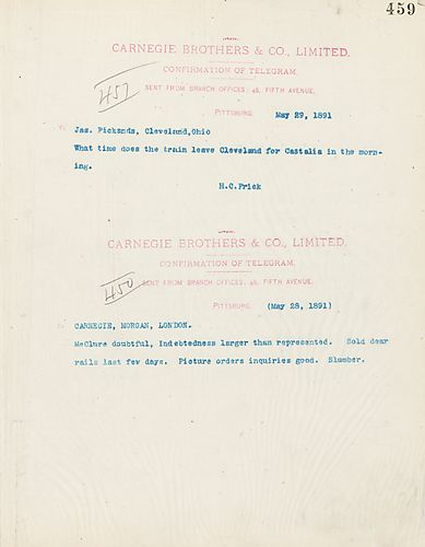 Frick wires Carnegie telling him that McClure is doubtful and that indebtedness is larger than represented