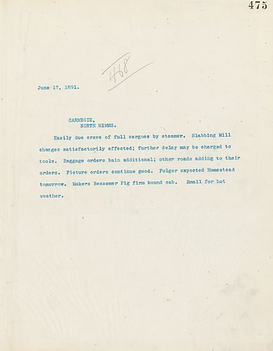 Frick wires Carnegie on rail orders and [F.M.] Folger's visit to Homestead