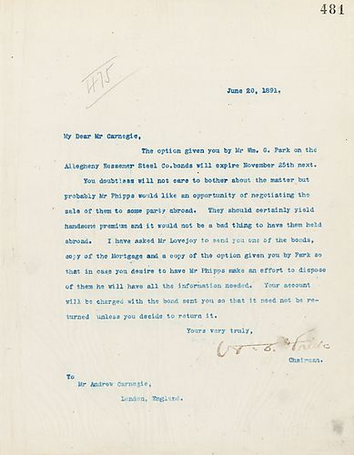 Frick writes to Carnegie on the expiration of an option for Allegheny Bessemer Steel Company bonds given by William G. Park, and how Mr. Phipps would like to negotiate the sale of them