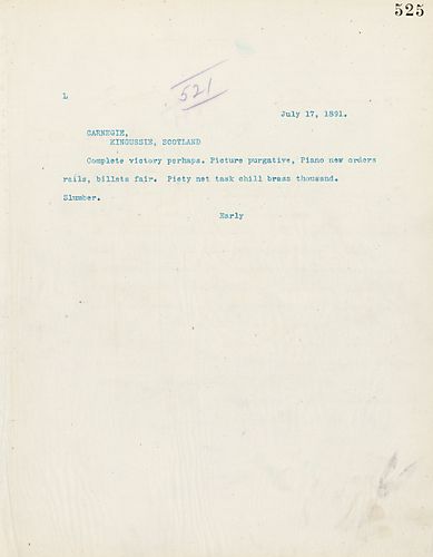 Frick wires Carnegie a coded message