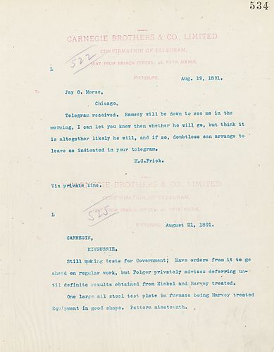 Frick wires Carnegie that tests are still being conducted for the government and that [F.M.] Folger would like to defer until definitive results are obtained