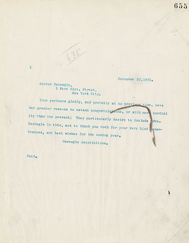 Partners extend congratulations, cordiality and best wishes for the new year to Carnegie and his wife