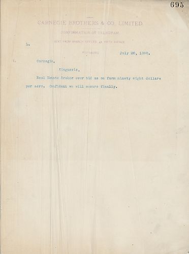 Frick wires Carnegie that they were slightly overbid by a real estate broker, but is confident that they will secure the farm