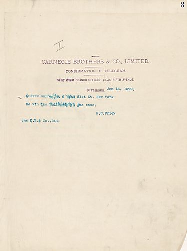 Frick wires Carnegie that they won