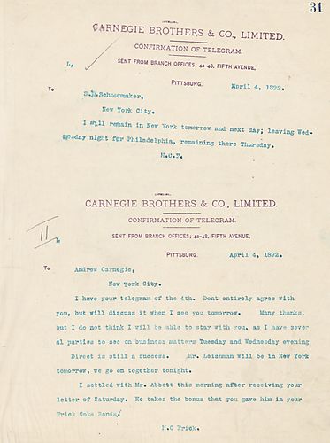 Frick wires Carnegie his response to Carnegie's April 4th telegram. Frick declines Carnegie's invitation to stay with him