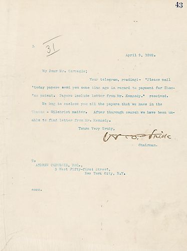 Frick writes that he received Carnegie's telegram wishing for all papers related to the Thomas patent that mention Mr. Kennedy's letter. Frick will be sending the papers; however, Mr. Kennedy's letter is missing