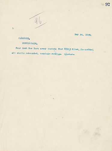 Frick wires Carnegie on successful test results for the four-inch New York armor