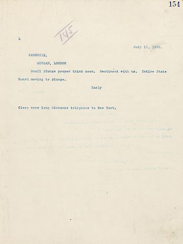 Frick wires Carnegie on "small plunge," and says the sentiment is with them and the state guard will be at "plunge" soon