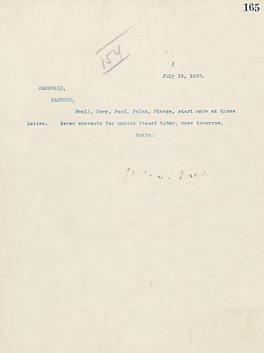 Frick wires Carnegie a coded message, and also states that warrants have been issued for murder charges