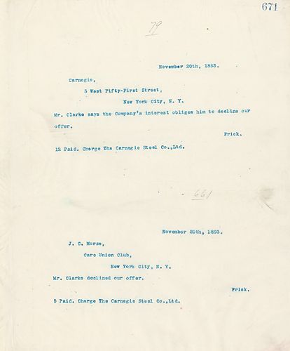 Frick wires Carnegie about Mr. Clarke declining their offer