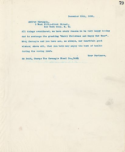 Frick wires Carnegie a Christmas and New Years greetings