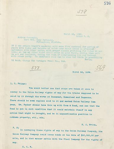 Frick wires Carnegie on making a contract with Badly and Balance, with Board approval