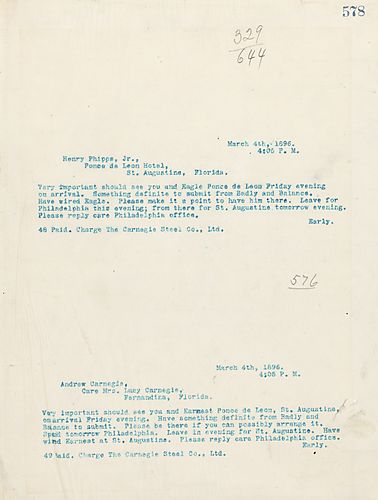 Frick wires Carnegie asking him to come to St. Augustine [Fla] to meet with Earnest