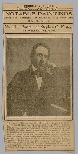News clipping, "Notable Paintings from the Carnegie Art Galleries...No. 21, Portrait of Stephen C. Foster"