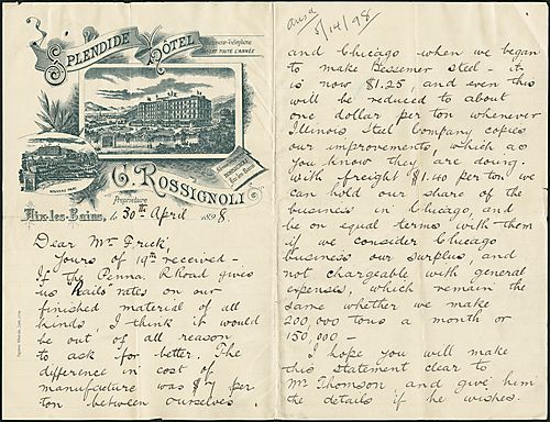 Writing from Aix-les-Bains, France, Carnegie discusses ways of getting better rates from the Pennsylvania Railroad, including purchasing the Isabella Coke Works and controlling the majority of pig-iron manufacturing