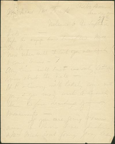 Writing from Dornoch, Scotland, Carnegie invites Frick and his family to visit the Carnegies at Skibo Castle while Frick is traveling in the UK and Europe