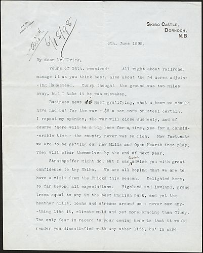 Writing from Dornoch, Scotland, Carnegie states that business will greatly improve by the end of the Spanish-American War. He also tells Frick that his Skibo estate is beautiful and how he and Frick's daughter Helen should come and see it for themselves