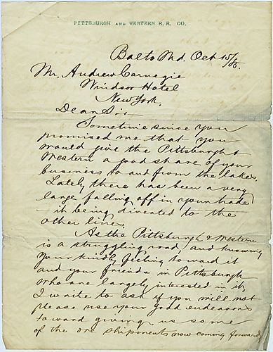 Writing from Baltimore, Mr. Thomas M. King asks Carnegie to persuade his partners to use the Pittsburgh & Western Railroad more often and to retain their stock in the company